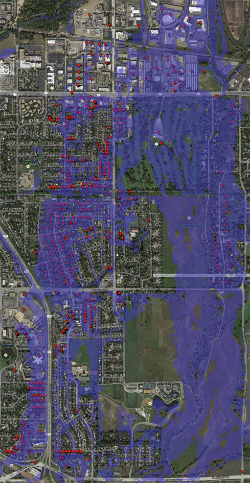 Septembers 2013 South Boulder Creek flooding with an overlay of the 100-year map